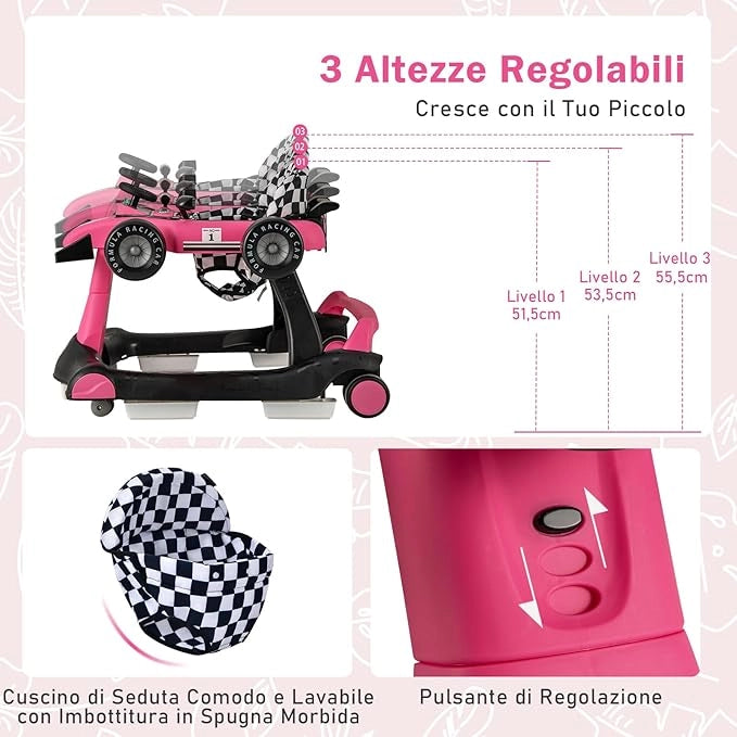 Girello per Bambini 4 in 1, Girello Pieghevole con Altezza e Velocità Regolabili, Carillon con Luci, Volante e Sedile, Primi Passi per Bambini 6-18 Mesi, Portata 15 kg (Rosa Scruro)