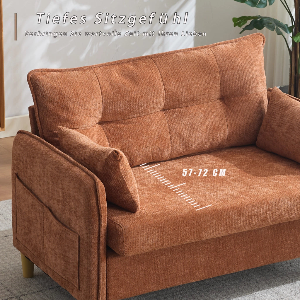 Divano 2 posti 127x75.5x83 cm con tasche laterali in legno e tessuto chenille marrone