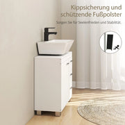 Mobile bagno bianco in MDF con ripiani, 3 cassetti e taglio a U per lavabo a colonna