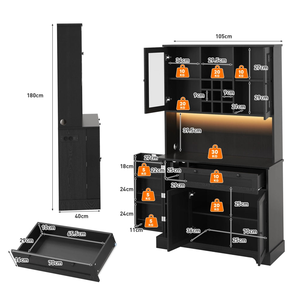 Credenza da cucina con LED, prese e portabottiglie, nera
