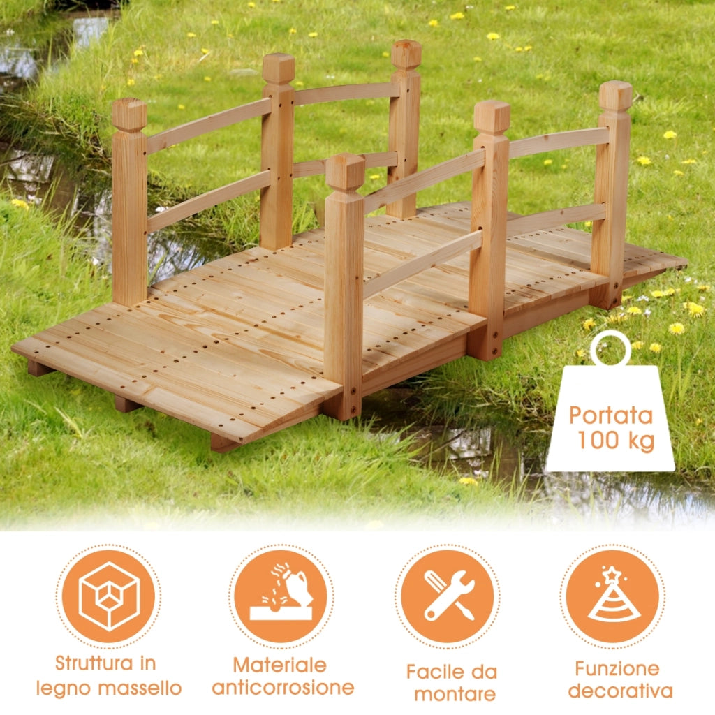 Ponte in legno per giardino con ringhiera Ponte decorativo 150x67x55cm, Naturale-Decorazioni da giardino