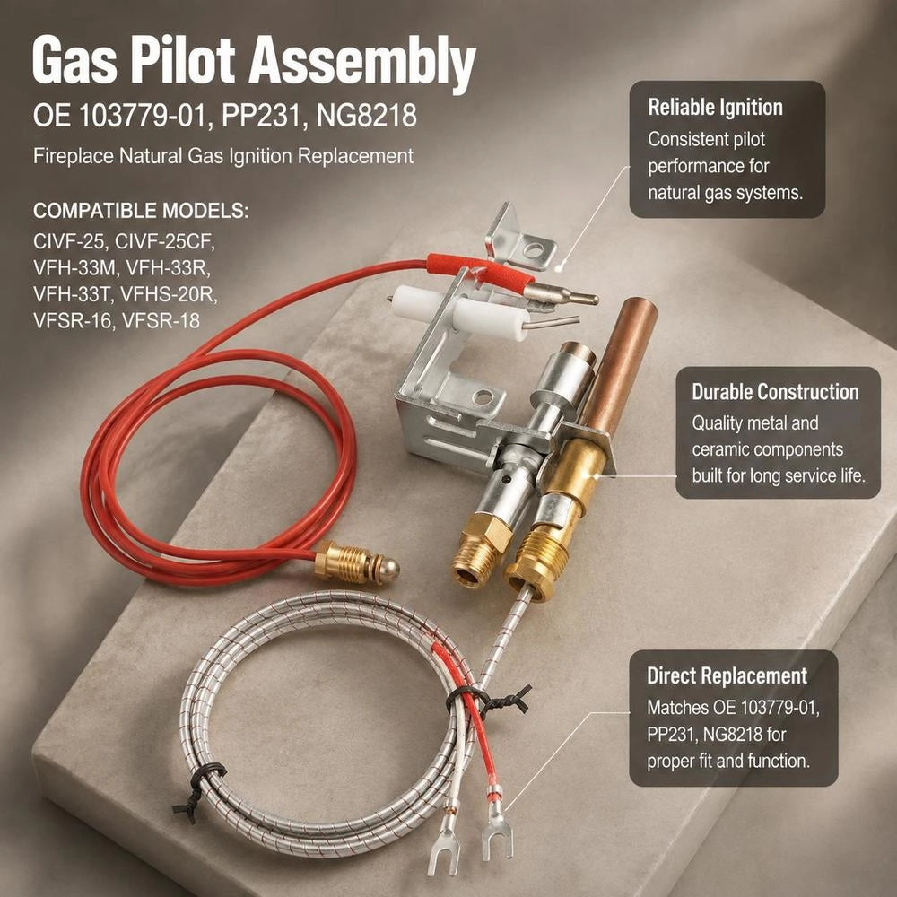 Natural Gas Pilot Burner Assembly, OE 103779-01, PP231, NG8218 Chimney Natural Gas Igniter Replacement, Compatible With Models CIVF-25, CIVF-25CF, VFH-33M, VFH-33R, VFH-33T, VFHS-20R, VFSR-16, VFSR-18
