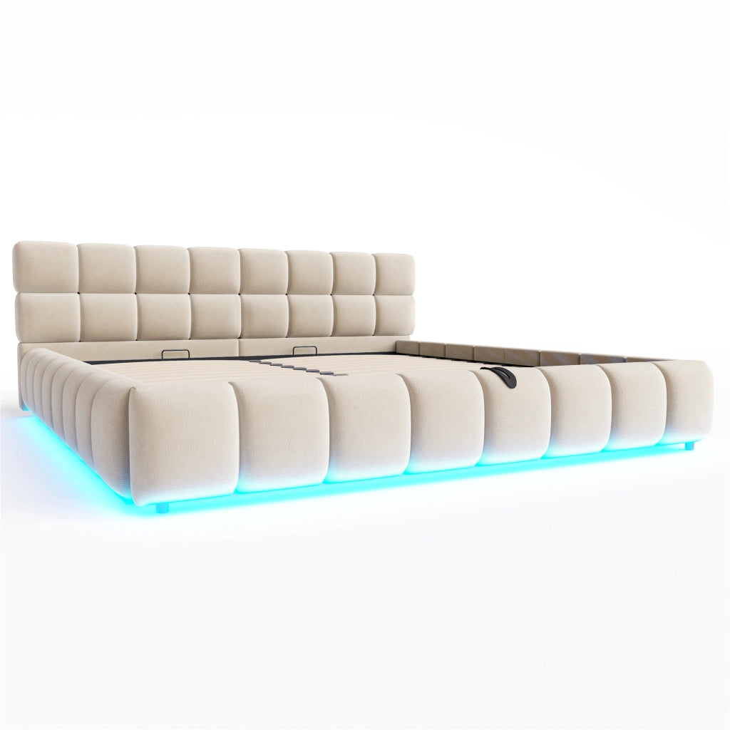 Letto contenitore matrimoniale 200 × 160 cm, illuminazione LED regolabile e testiera imbottita, senza materasso, beige
