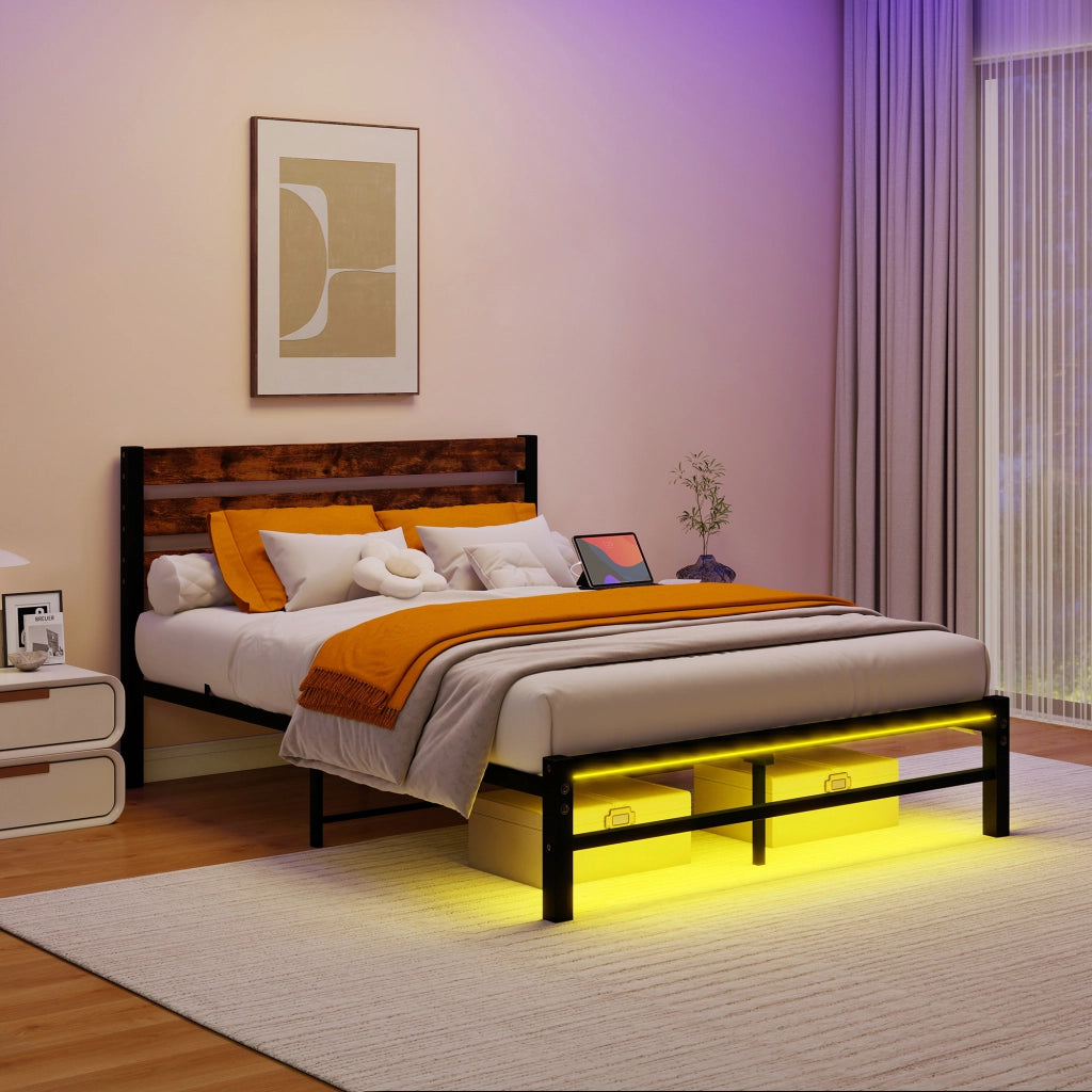 Letto in metallo con USB LED 140x200 cm MDF marrone e metallo