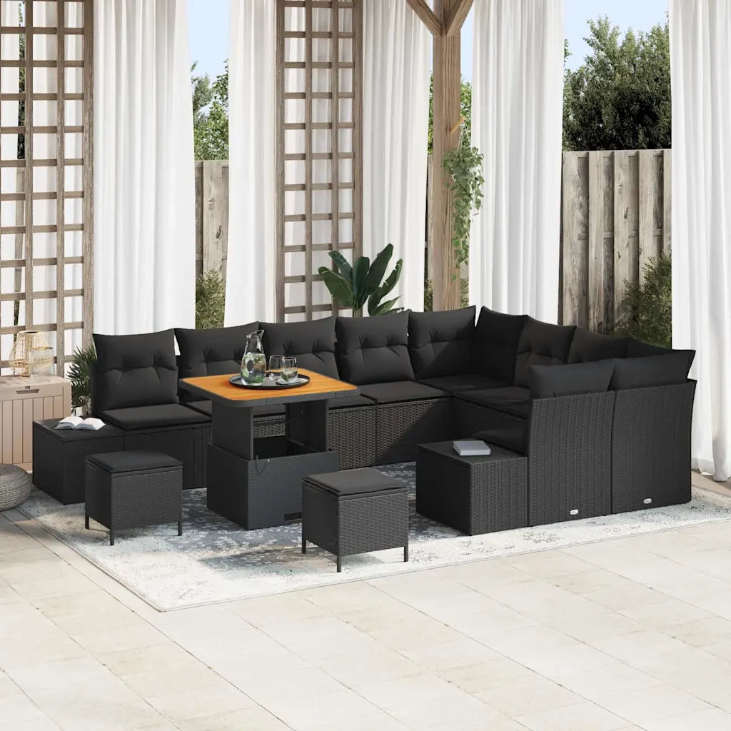 Set Divano da Giardino con cuscino 12 pcs Nero Poly Rattan