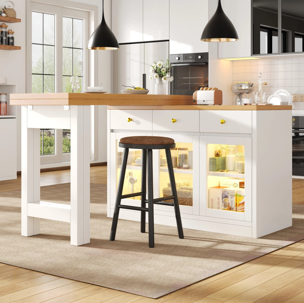 Isola da cucina estensibile ULEVR 120-200x40 cm con 3 cassetti, 3 ante in vetro e LED RGB, bianca