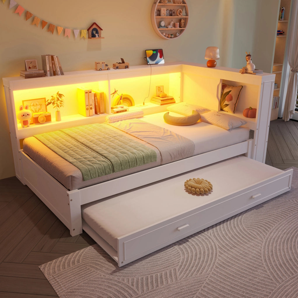 Daybed 90x200 cm con letto estraibile; LED; presa; USB e Type-C; bianco