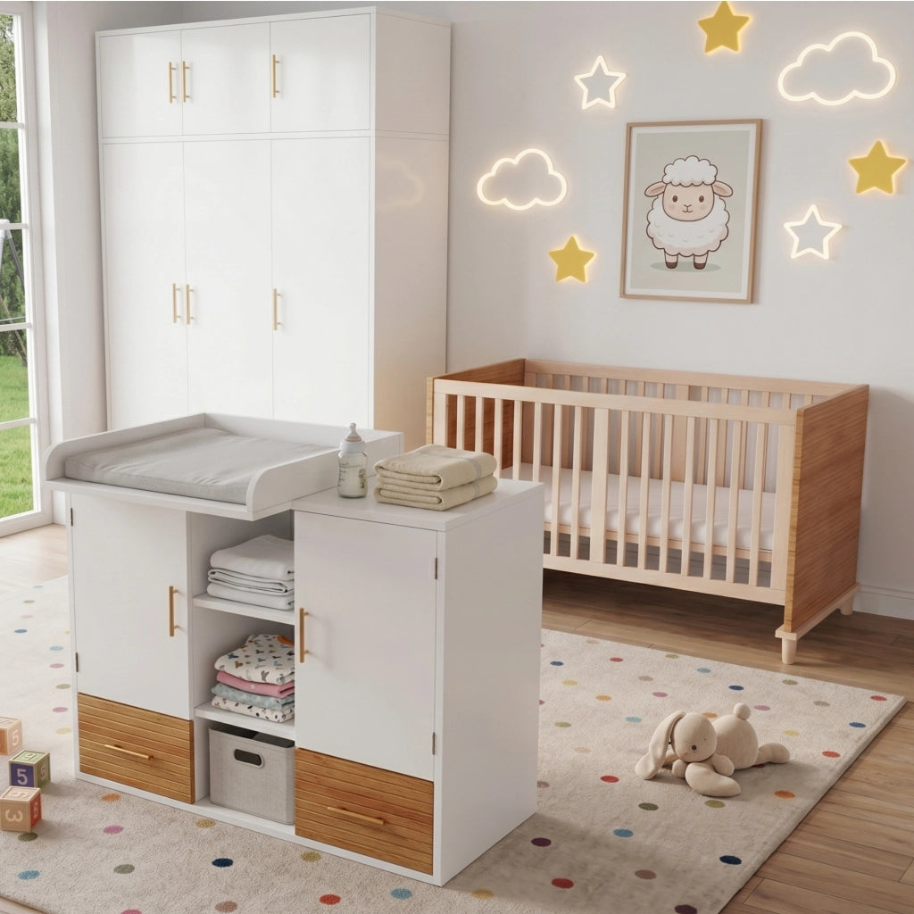 Camera completa con fasciatoio e letto con sbarre in legno massello e MDF bianco
