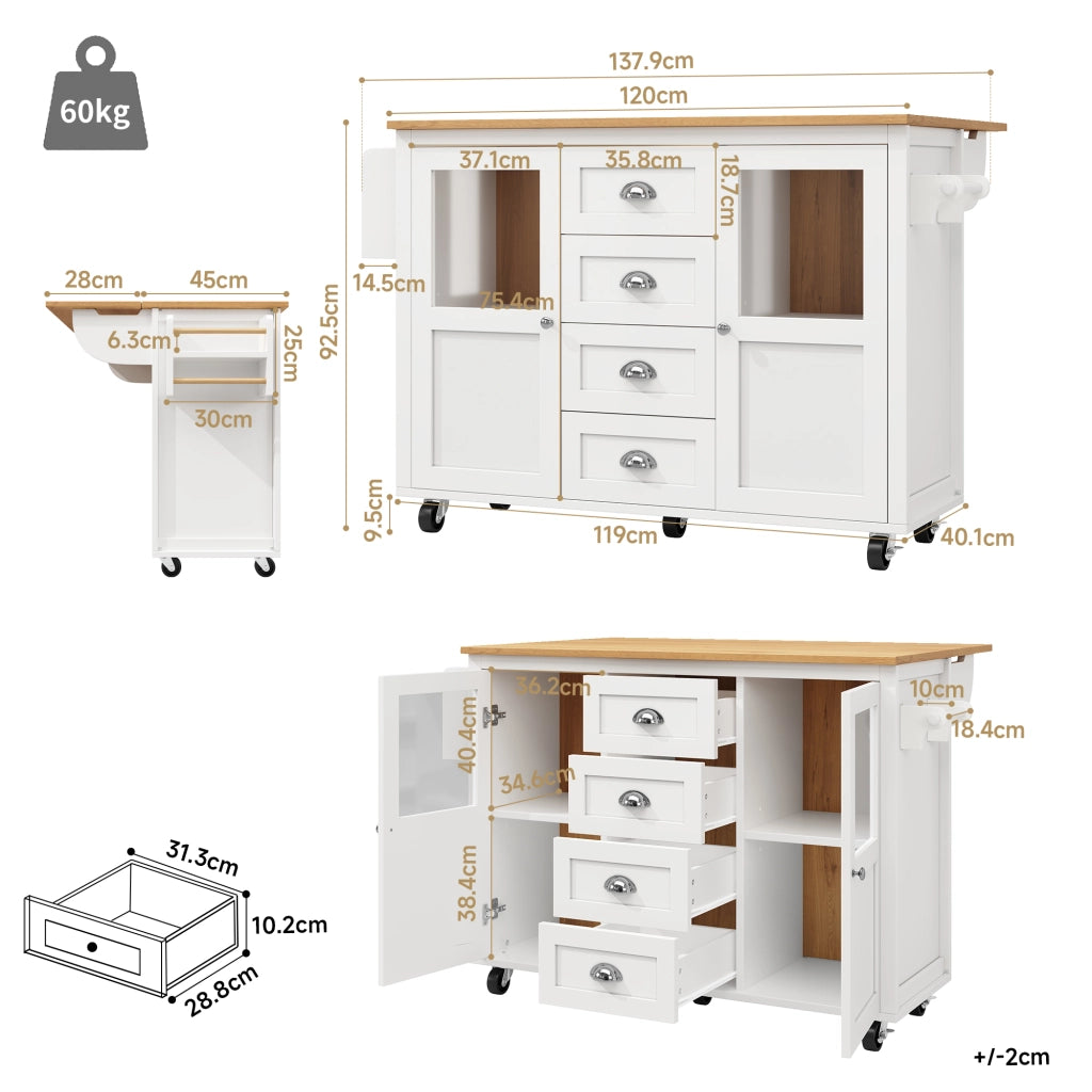 Mobile base da cucina con piano pieghevole quattro cassetti doppia anta ripiani laterali e ruote
