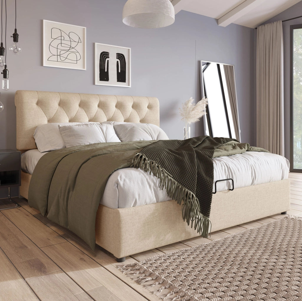 Letto matrimoniale idraulico 160x200 cm con testiera regolabile, struttura in metallo e legno, contenitore integrato, colore naturale, con materasso a molle
