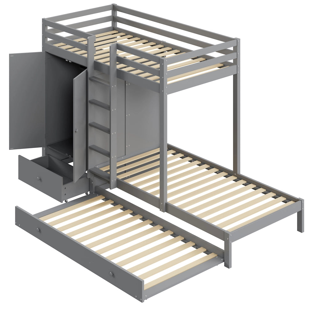 Letto a castello 90x200 cm con letto estraibile, armadio e cassetti grigio
