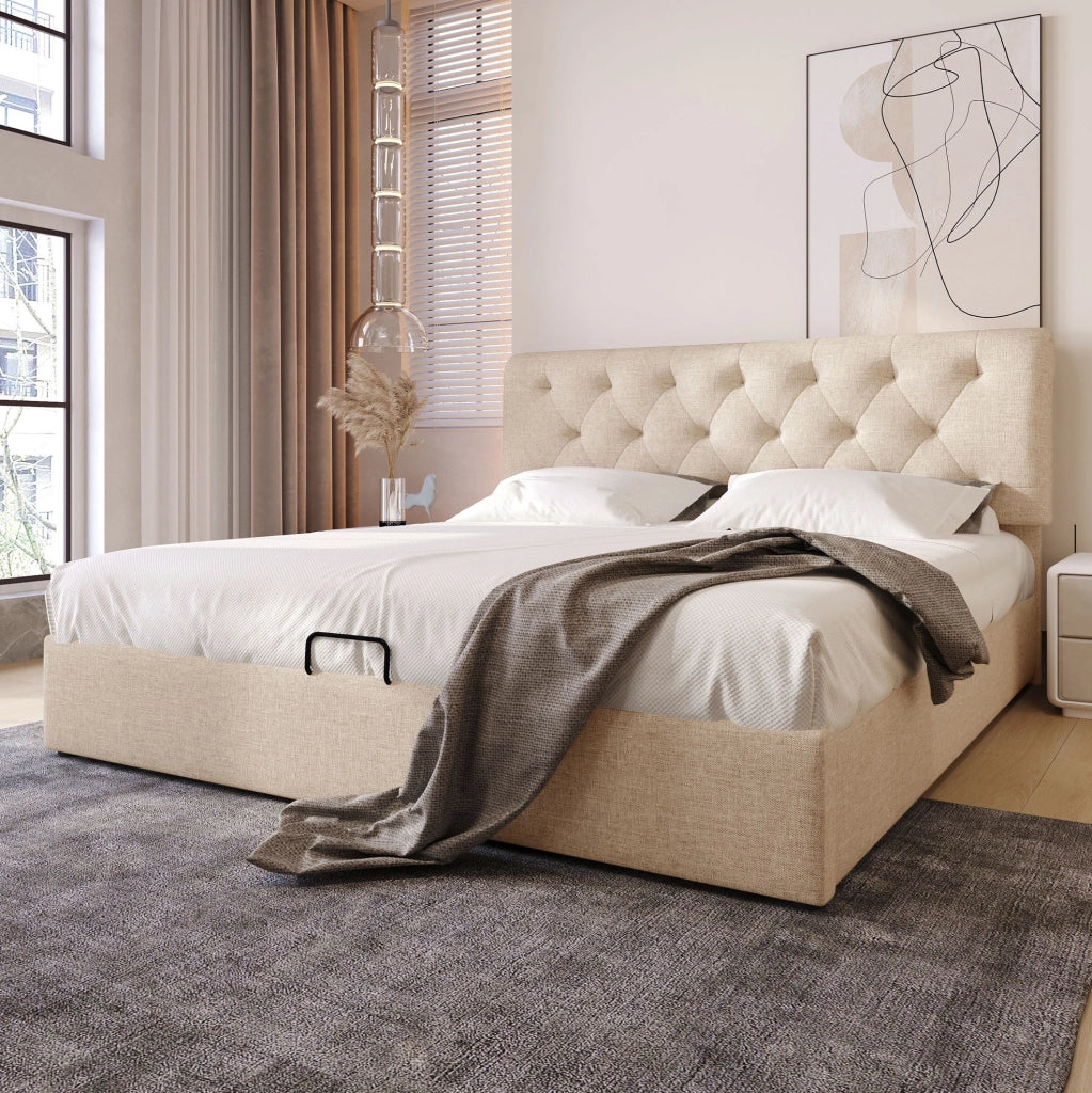 Letto matrimoniale con contenitore 140x200 cm con testiera regolabile e rete in metallo, struttura in legno e lino colore naturale, senza materasso