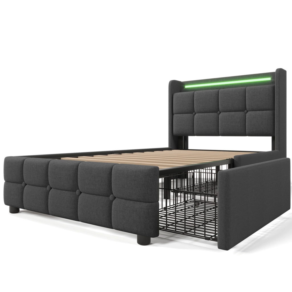 Letto con Cassetti Singolo 90×200 cm con 2 Cassetti; USB; Prese e LED; senza Materasso; Grigio
