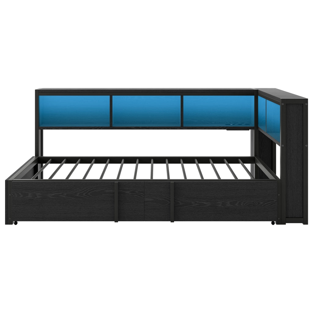 Letto Singolo con Estraibile, Contenitore, LED e USB ¨C MINIMAL ¨C Metallo Nero 90x200