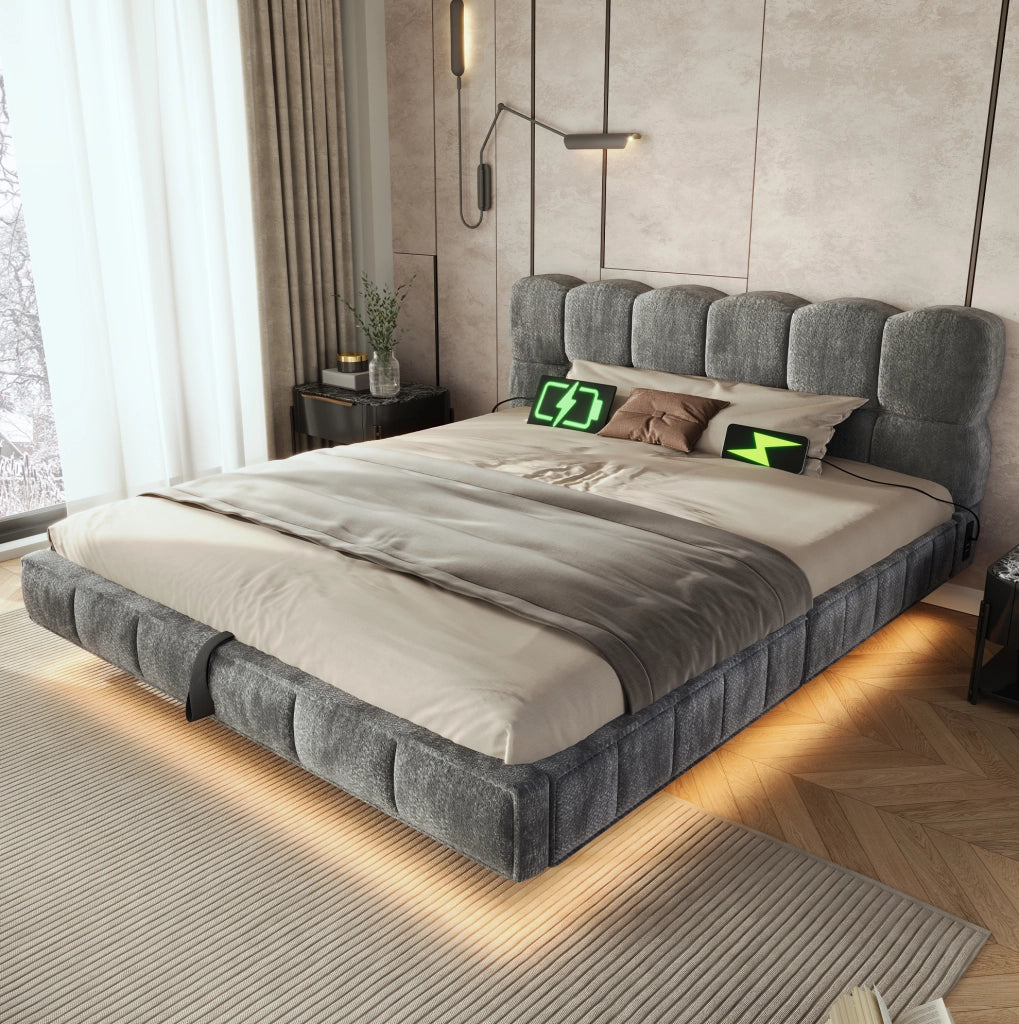 Letto imbottito 140x190 cm con contenitore, LED e prese USB-C in ciniglia grigia