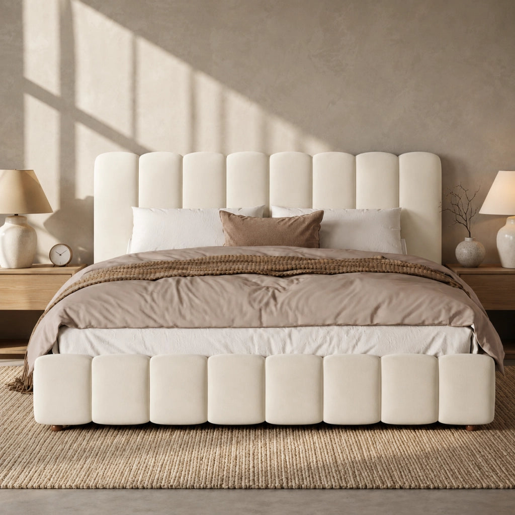 Letto matrimoniale contenitore 180 x 200 cm, letto imbottito idraulico in velluto con rete a doghe, contenitore, testiera beige a righe verticali