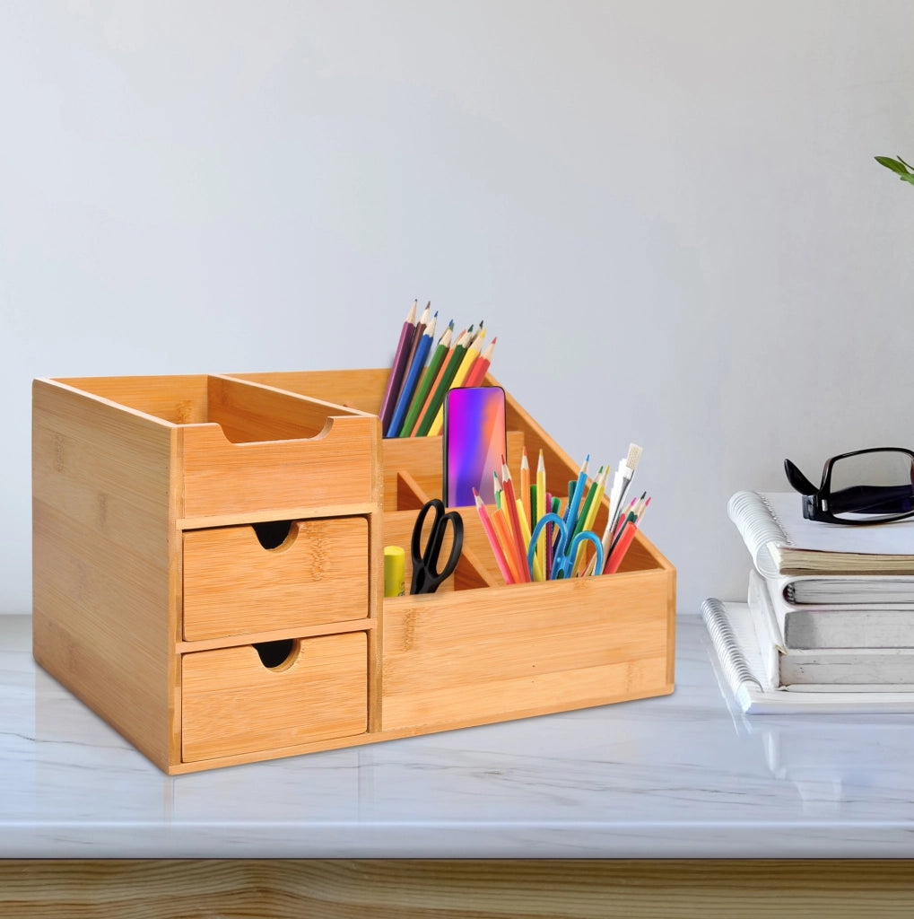Organizer da scrivania ULEVR in bamb¨´ naturale 33x20,5x15,5 cm con 2 cassetti e 7 scomparti