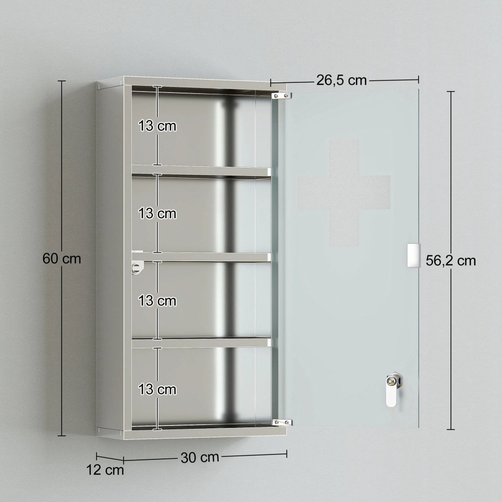 Armadietto Medicinale Cassetta Porta Medicina a Quattro Ripiani in Acciaio Inox 30 x 12 x 60cm