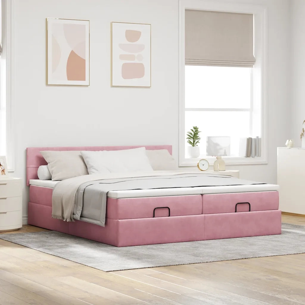 Struttura Letto Pouf con Materassi Rosa 200x200 cm Velluto
