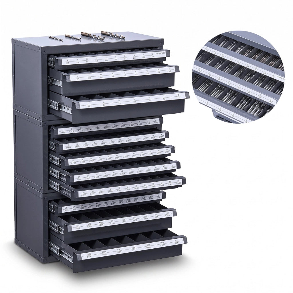Set 3 Cassettiere Modulari per Punte da Trapano Acciaio ET3-ET5 da 1,6 a 12,7 mm Lettere A-Z e Fili 1-60 Organizer Impilabile per Officina e Garage