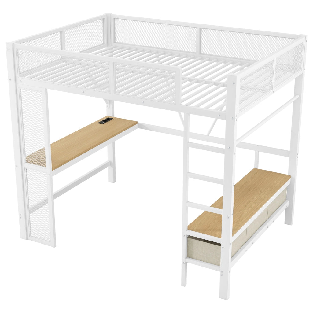 Letto a soppalco 140x200 cm in metallo bianco con scrivania; LED e cassetti