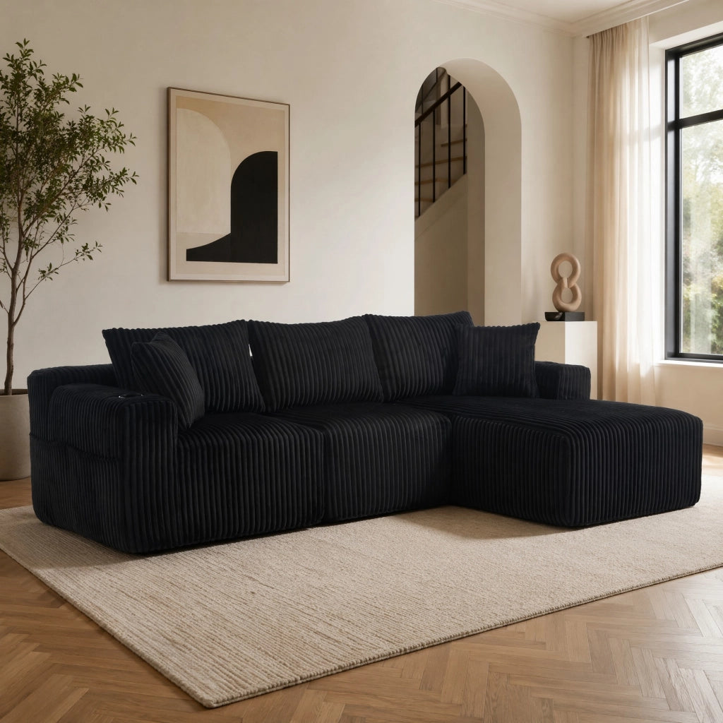 Divano modulare nero con chaise longue e 2 posti in velluto a coste con 5 cuscini portabevande e tasche laterali