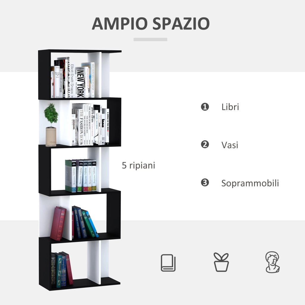 Libreria a 5 Ripiani con Divisorio ¨C Xylo ¨C Legno Bianco e Nero 60x24x184.5 cm