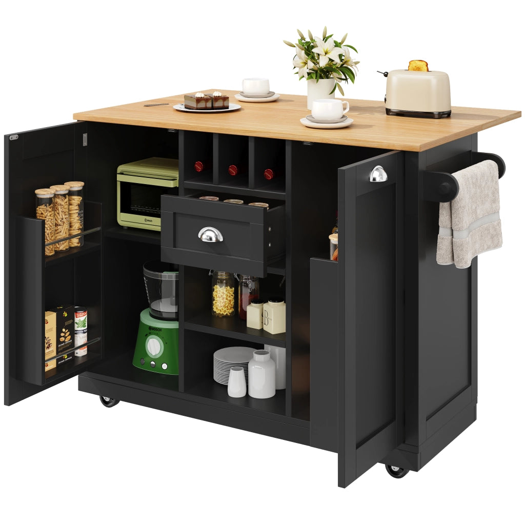 Carrello da Cucina con 1 Cassetto; 2 Ante; Portabottiglie; Portasciugamani e Ruote; in MDF; 140 x 40 x 93;5 cm; Nero