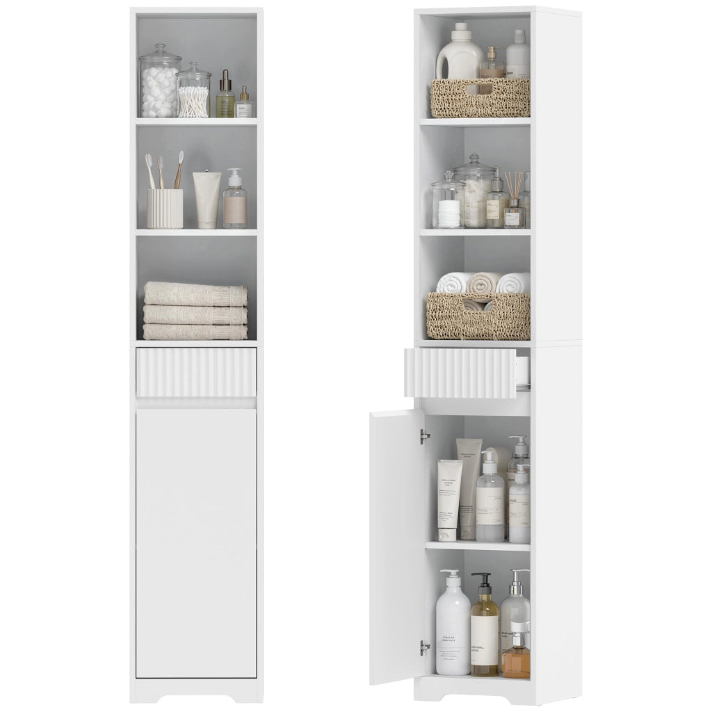Mobile alto da bagno bianco, colonna salvaspazio altezza 172 cm con anta, cassetto e ripiani aperti, moderno per casa