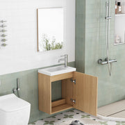 Mobile bagno sospeso con lavabo in ceramica e specchio, MDF color rovere