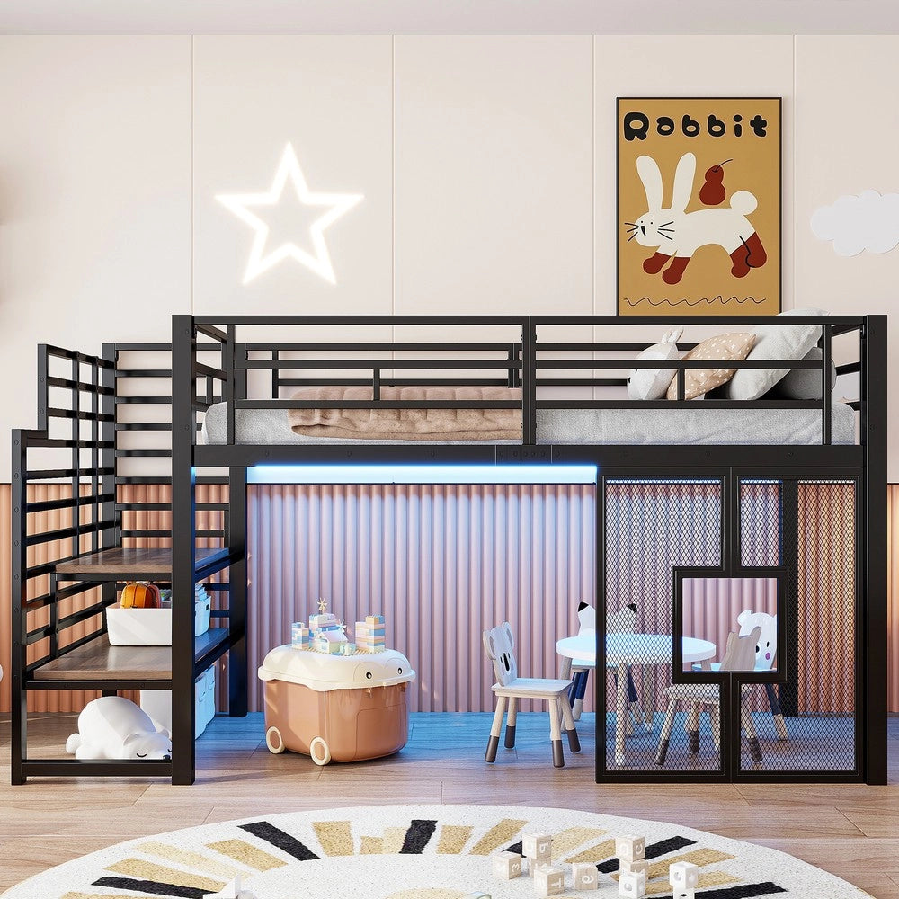 Letto a Soppalco con Scala ¨C MINIMAL ¨C Metallo Nero 90x200, LED, Contenitore