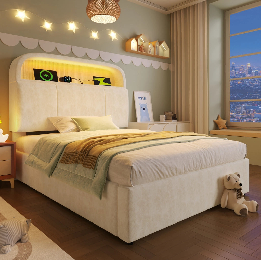 Letto imbottito 90x200 beige con contenitore, LED e USB/Type-C