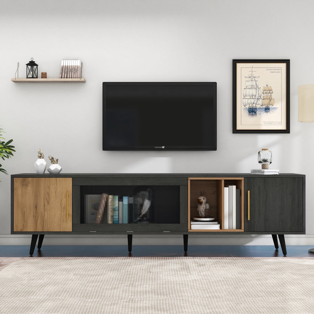 Mobile TV per TV fino a 90 pollici con vetro Changhong e vano aperto in MDF grigio marrone 200 × 40 × 55.5 cm