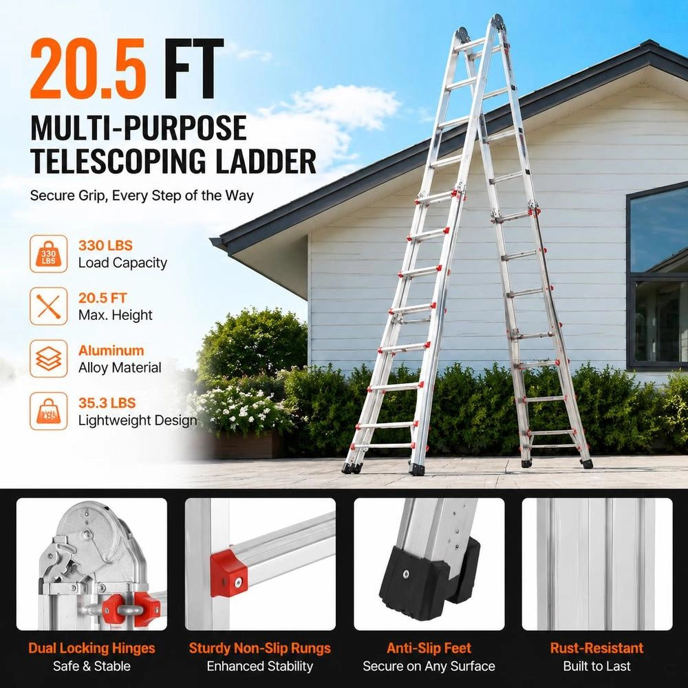Telescopic Ladder With A-frame, 6230 Mm Compact Aluminum Extension Ladder, Multi-purpose Ladder, Step Ladder, Leaning Ladder, Folding Ladder For Homework, Stairs, Indoor And Outdoor Roofs, 150 Kg Load Capacity
