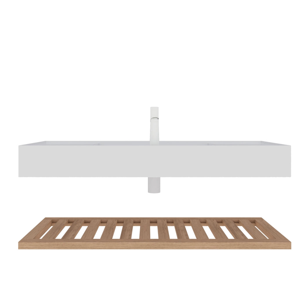 Mobili bagno 120 cm con lavabo rettangolare in acrilico bianco lucido e ripiani effetto legno naturale