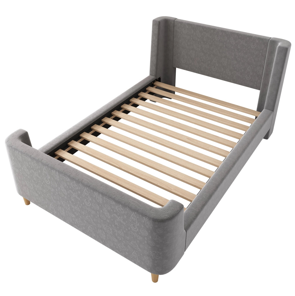 Letto singolo per bambini 90x200 cm in velluto grigio con struttura in metallo e legno massello, design a slitta con motivo spaziale