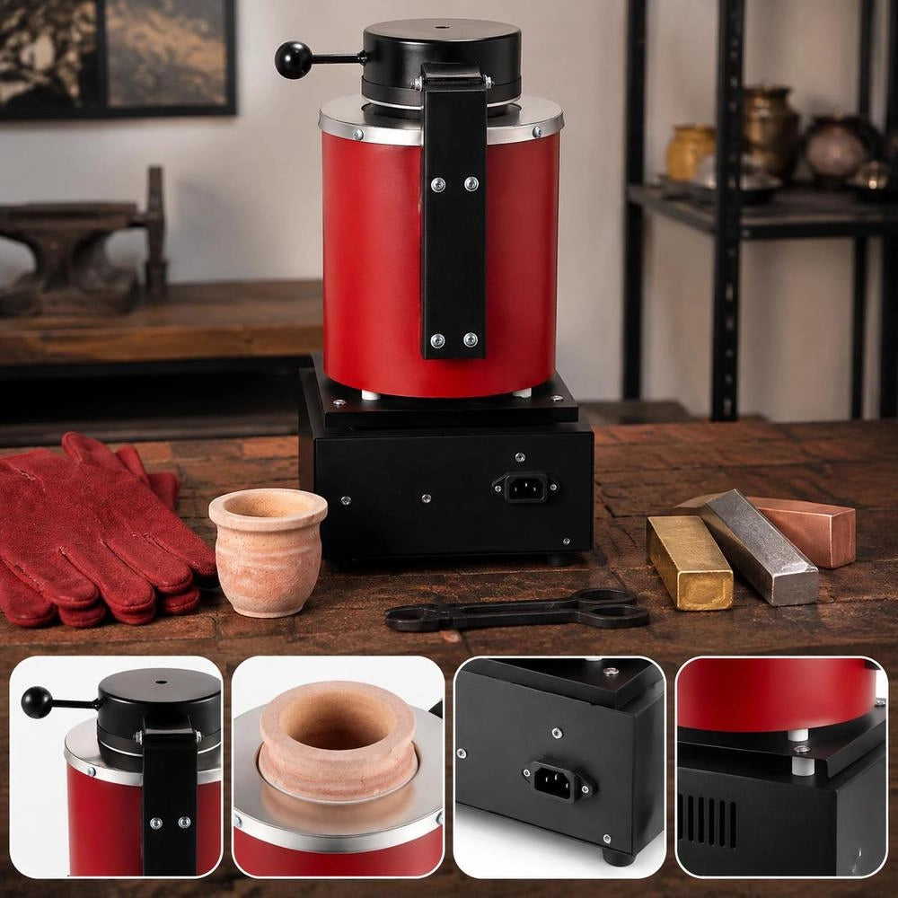 Gold Melting Furnace 1350 W 1150 ℃ Max. Temperature, Digital Electric Melting Furnace 3 Kg Ceramic Crucible With Ingot Die & Gloves, For Processing Gold, Silver, Copper, Aluminum, Red