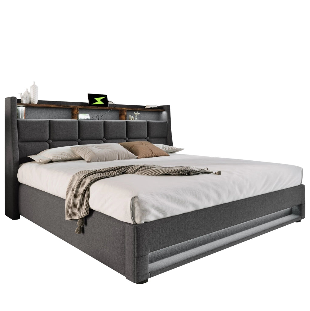Letto imbottito 160x200 cm con LED, USB e contenitore, grigio
