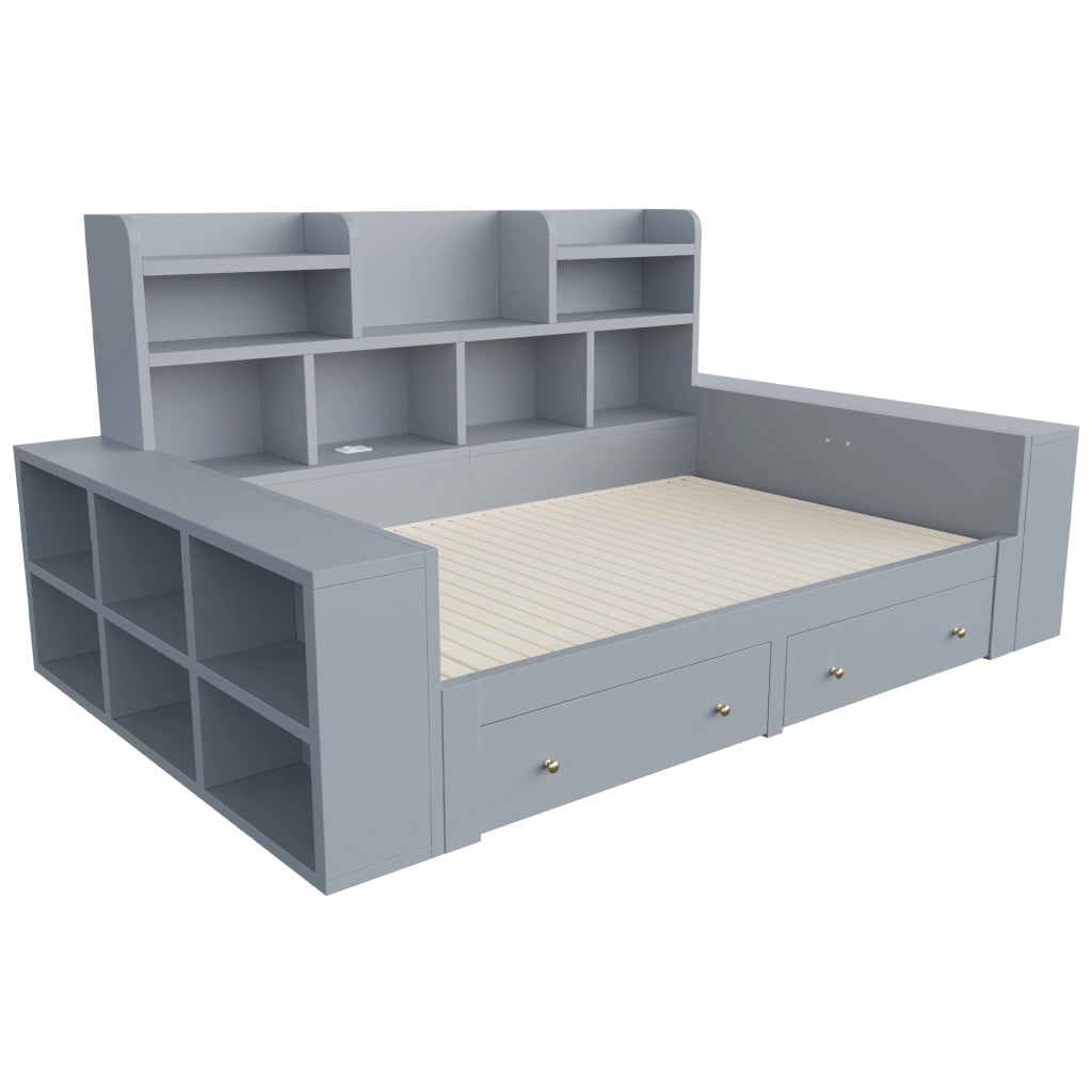 Letto estraibile multifunzionale in compensato e MDF grigio con cassetti ripiani LED e presa