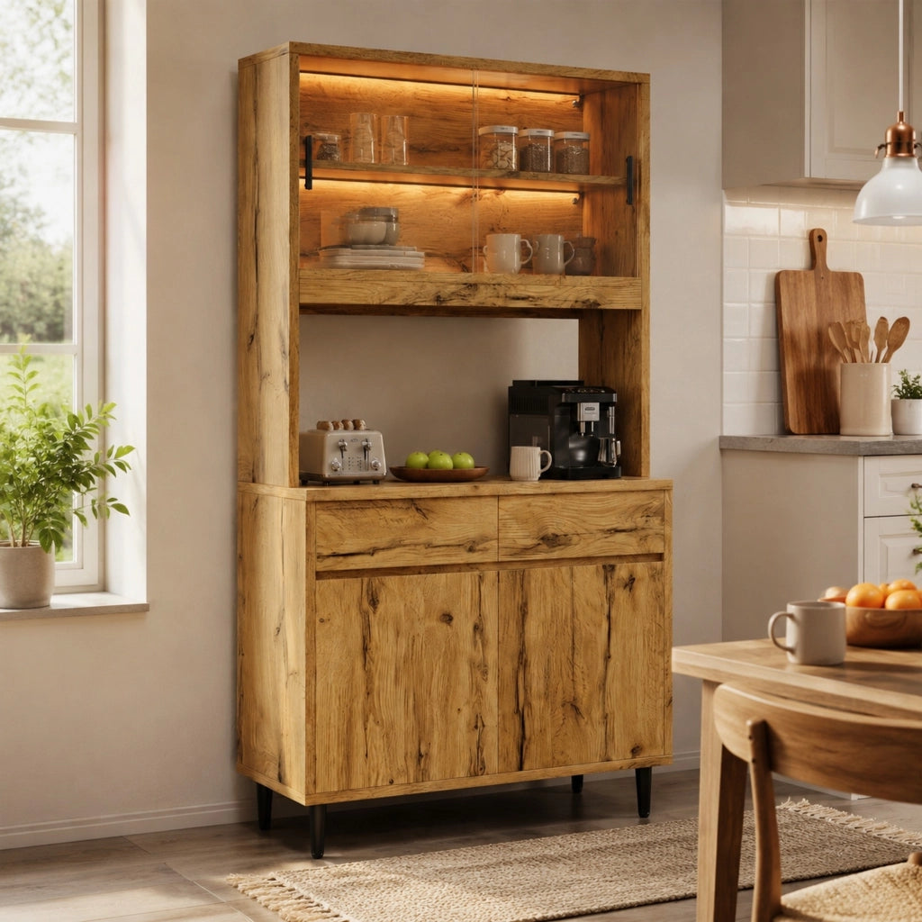 Credenza alta da soggiorno e sala da pranzo 100x40x185 cm con LED; prese e porte in vetro; rovere