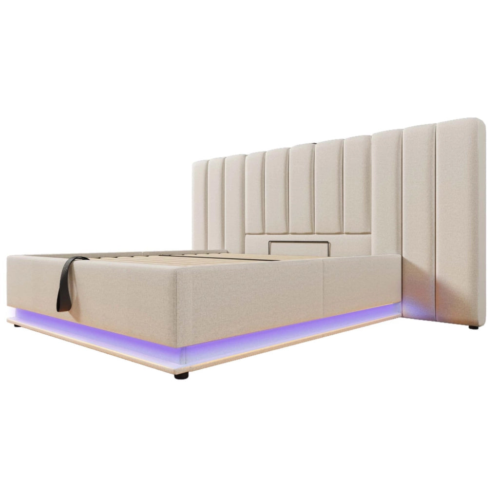Letto contenitore 180 × 200 cm con LED; 3 USB e Type-C; lino beige