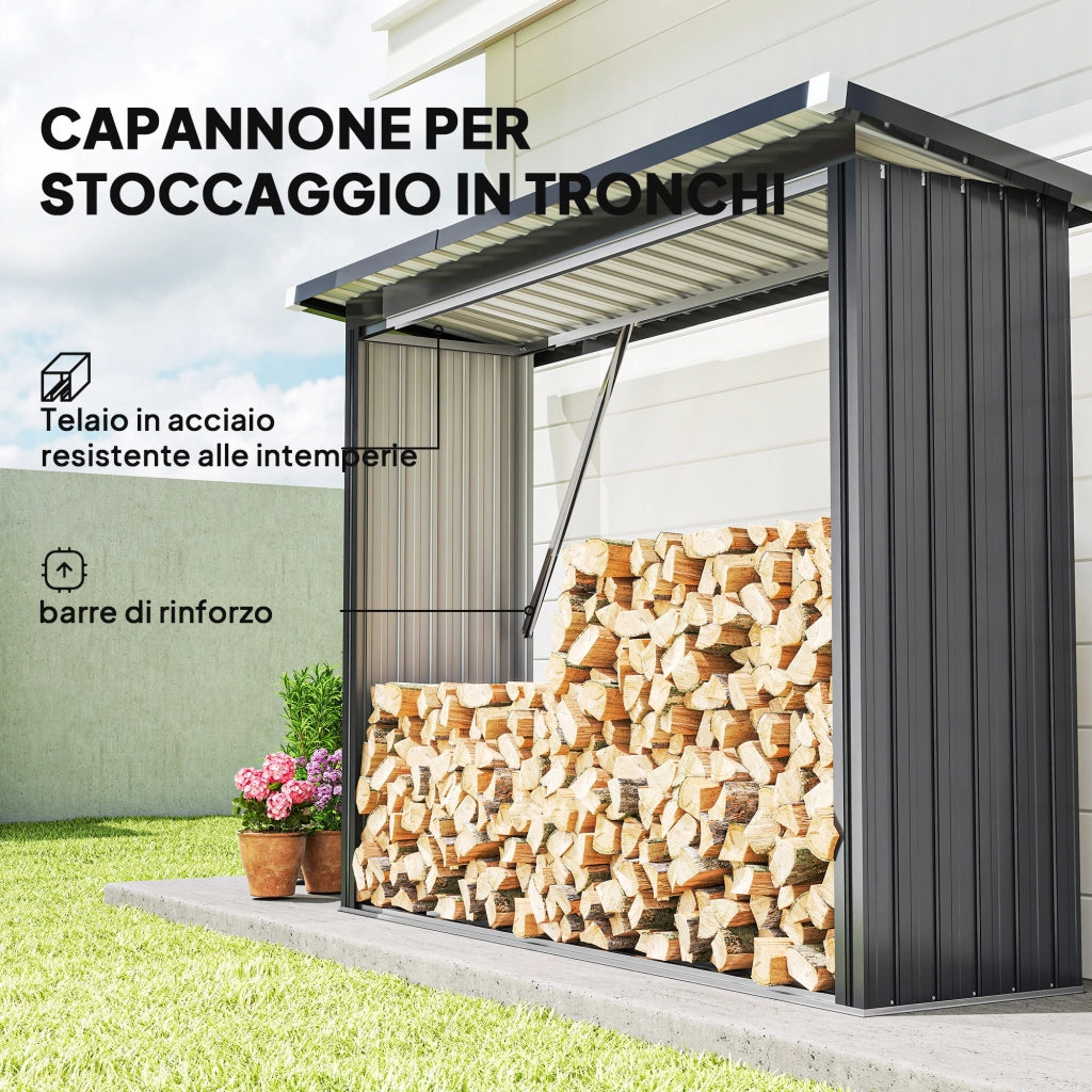 Capanno Portalegna Legnaia da Esterno 213x66.5x150 cm Base Rialzata e Tetto Inclinato in Acciaio Grigio Scuro