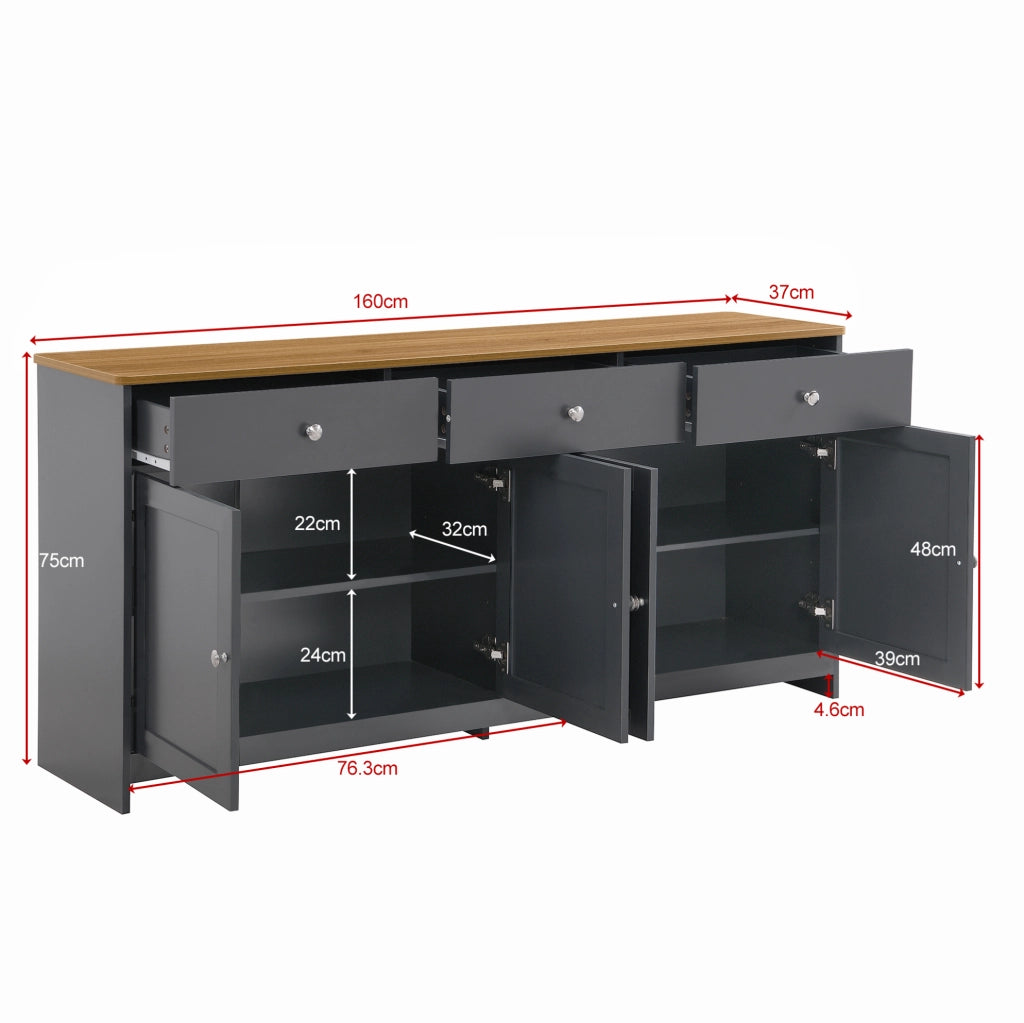 Credenza rustica da 160 cm con 3 cassetti; 4 ante e ripiani regolabili; nero grigio e legno