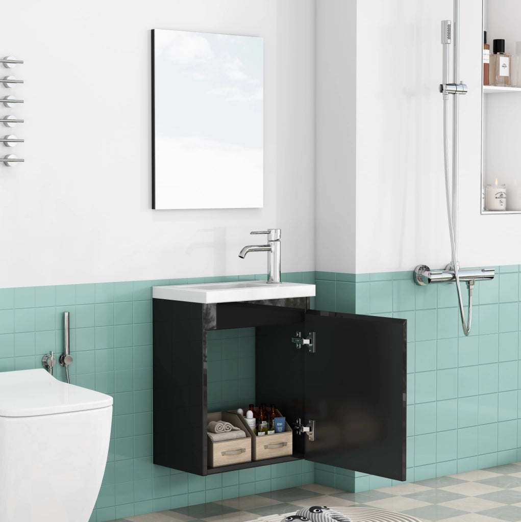 Mobile lavabo sospeso 40 cm nero lucido con lavabo in ceramica e specchio HOMVRA