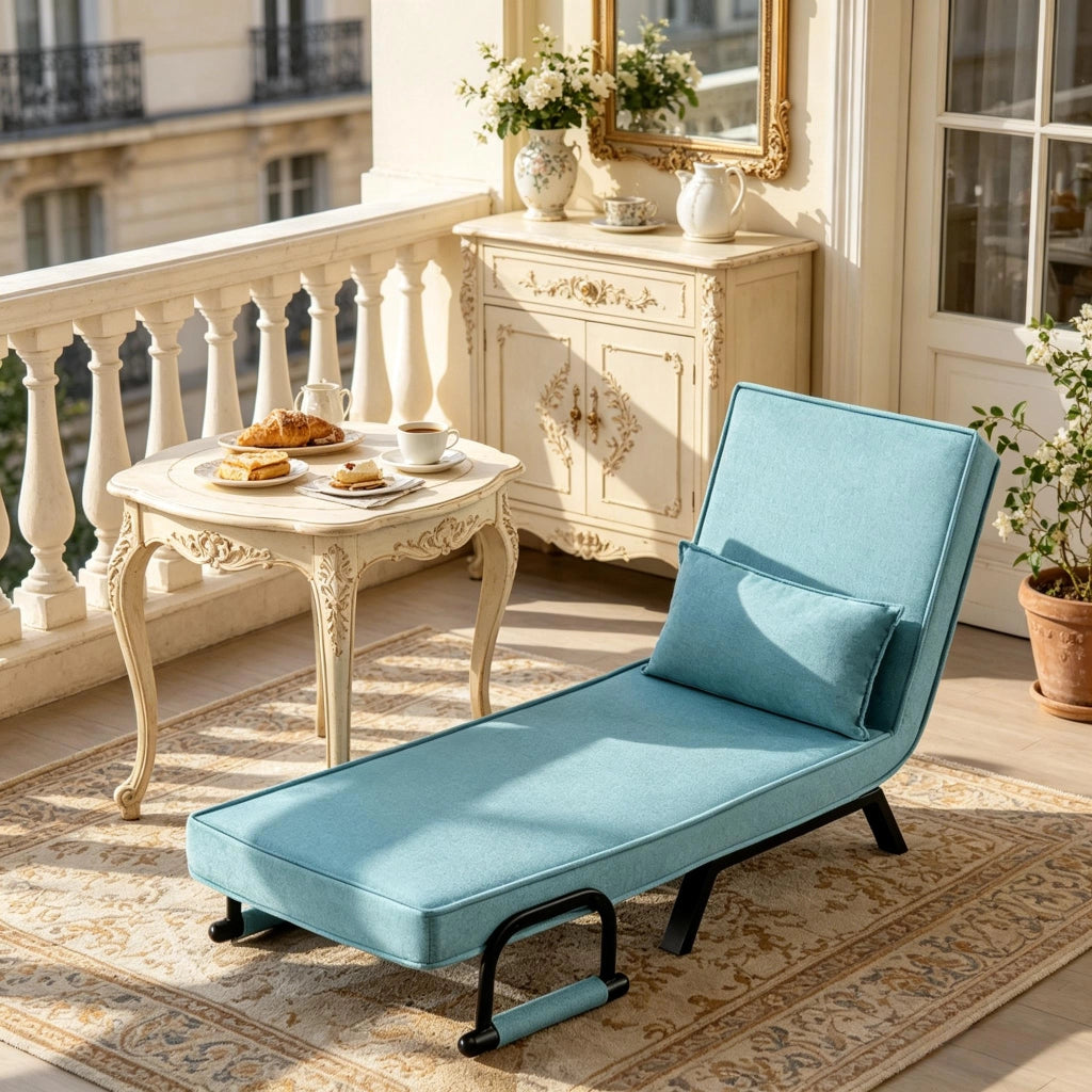 Poltrona letto 3 in 1 reclinabile a 5 posizioni con cuscino rimovibile struttura in metallo rivestimento in lino blu