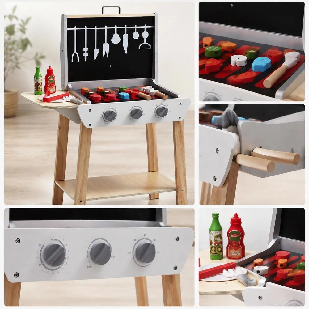 Wooden Toy Grill, Children's Grill Playset With Play Food And Grilling Tools, Wooden Kitchen Accessories For Play Food (21 Pieces), Role-playing Cooking Toy For Toddlers, Boys And Girls Aged 3 And Up, Gift
