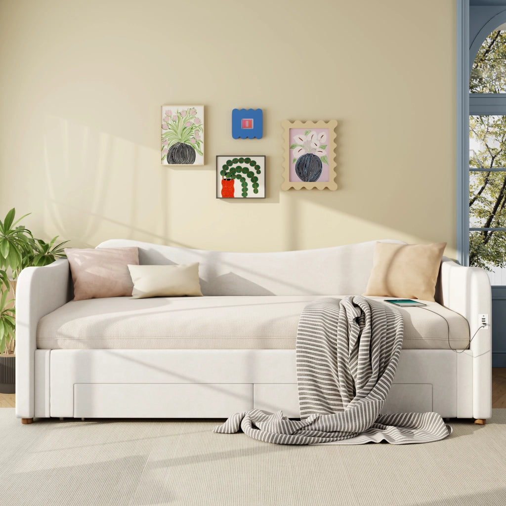 Letto imbottito 90 x 200 cm con 2 cassetti contenitore, divano letto estraibile fino a 180 cm, porta USB - Beige in velluto