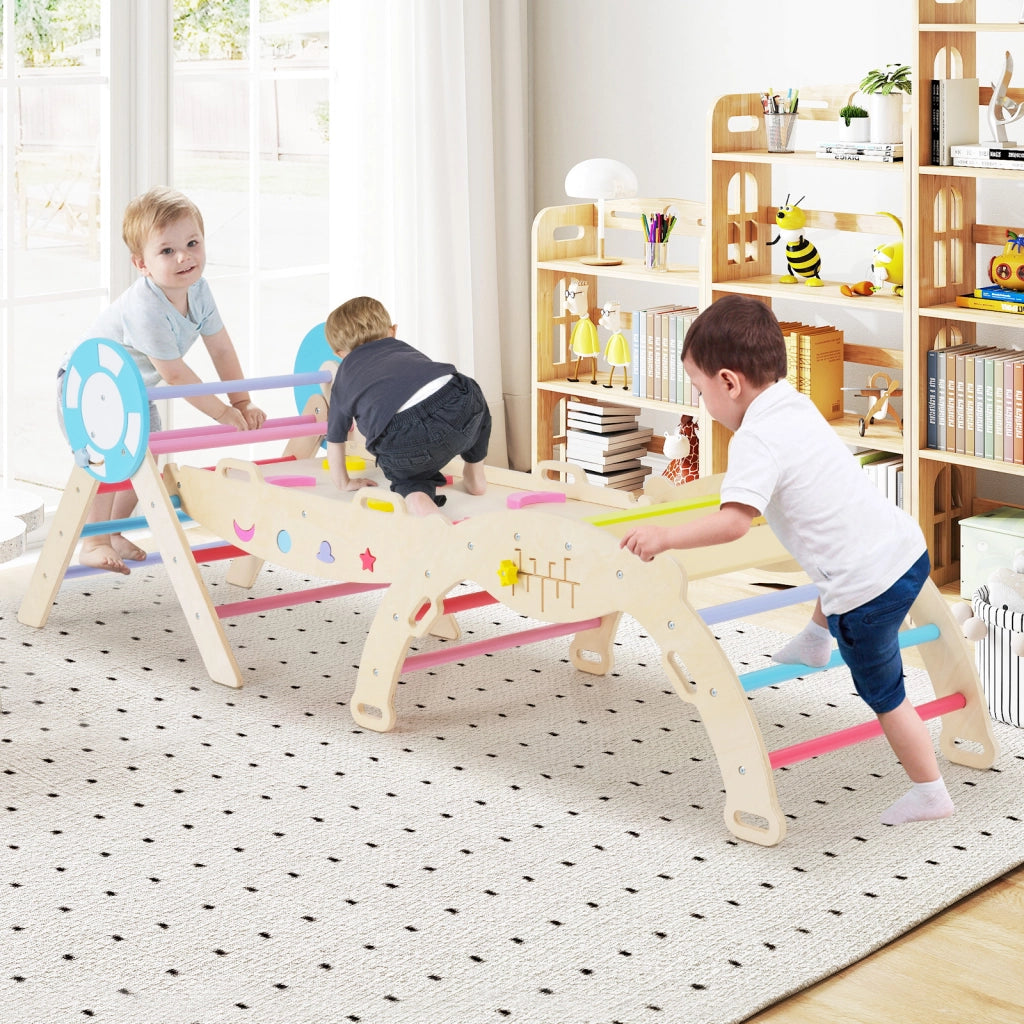 Set triangolare 8 in 1 legno montessori nautico arrampicata scivolo, Set scala arco labirinto palestra interna pieghevole bambini Colorato