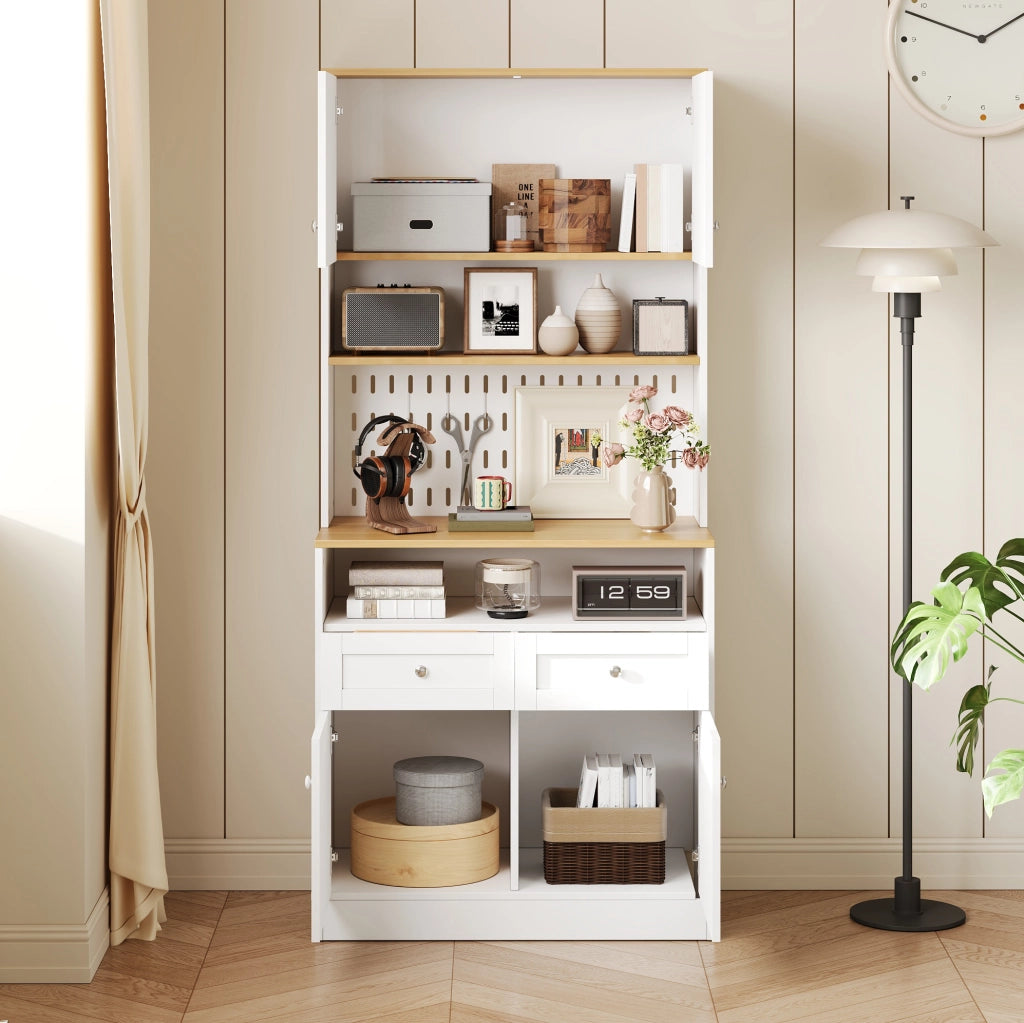 Sideboard bianco con 2 cassetti e 4 ante, design stile fienile, 80x40x175 cm