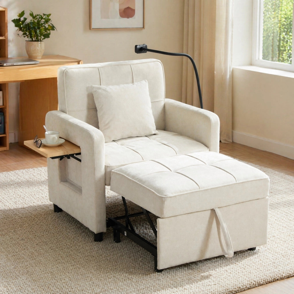 Poltrona letto convertibile 167x79x83 cm in chenille beige con bracciolo portaoggetti
